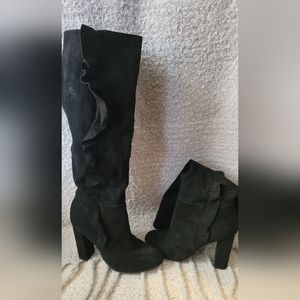Black ruffle knee high boots